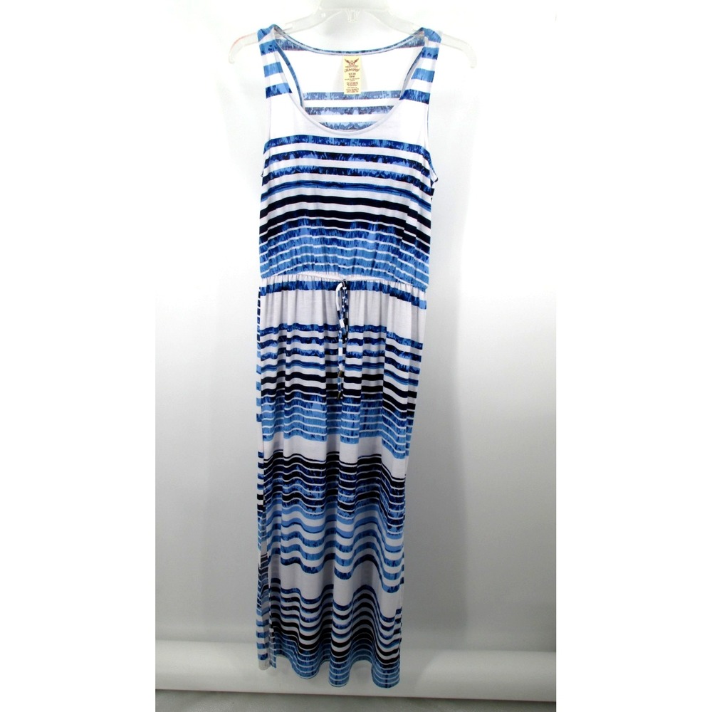 Faded Glory Blue Stripe Maxi Tank Dress Womens 4/6 Nautical Drawstring Waist